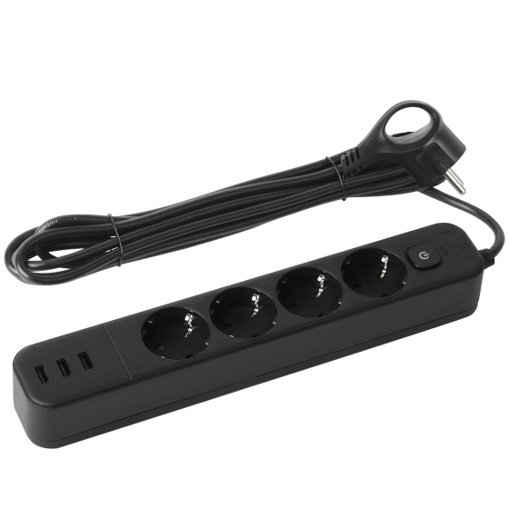 Сетевой фильтр ПВС 3х0.75 4роз+3USB 3м 10А черный термозащита/варист, земля, ЭРА