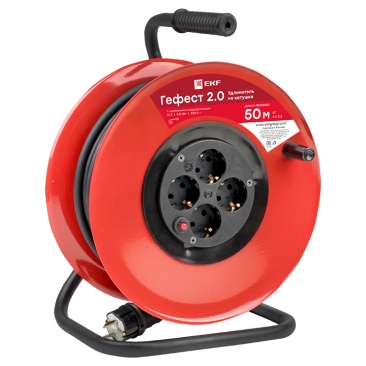 Удлинитель на катушке "Гефест 2,0" 4 гнезда 50м с заземлением и предохранителем КГ 3*2,5 16А/3,5кВт PROxima EKF