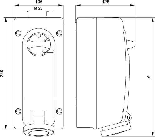 Розетка настенная с механической блокировкой и боковым расположением разъема IP44 16А 3P+E+N 400В DKC