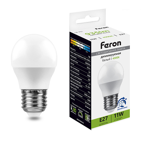 Лампа светодиодная диммируемая, (11W) 230V E27 4000K G45 LB-751 Feron