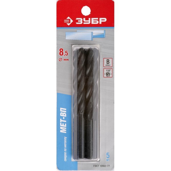 Сверло "МЕТ-ВП" по металлу парооксидированное, быстрорежущая сталь, 8,5х117мм, 5шт ЗУБР
