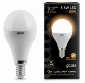 Лампа св/д шар G45 6.5W Е14 2700К Матовый GAUSS
