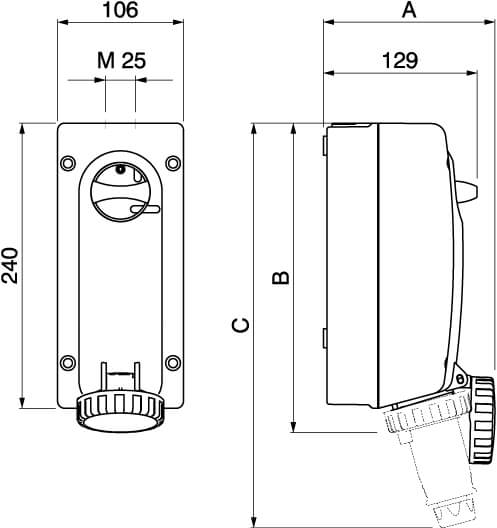 Розетка настенная с механической блокировкой и боковым расположением разъема IP67 16А 3P+E 400В DKC