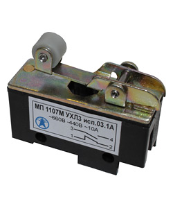 Микровыключатель МП 1107М УХЛ3 исп.03.1А, 2-х пол., 10А, 660В, 1з+1р, прямой рычаг с роликом, базовый, винт Электротехник