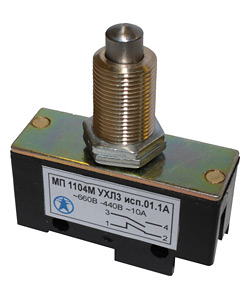 Микровыключатель МП 1104М УХЛ3 исп.01.1А, 2-х пол., 10А, 660В, 1з+1р, толкатель сферический, фронтальный гайками, винт Электротехник