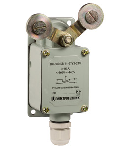 Выключатель концевой ВК-300-БВ-11-67У2-25, V-обр. рычаг с рол. на каждом плече, с сальн., ход вправо и влево, без cамовозврата, ступень 2-51мм, IP67