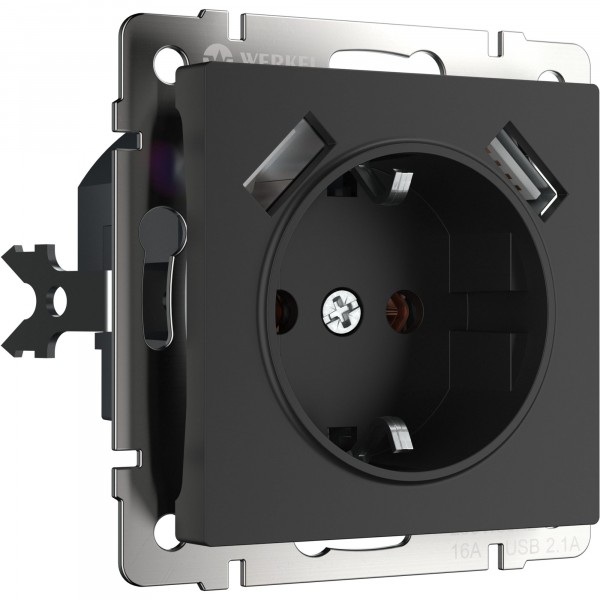 Встраиваемые механизмы Розетка СУ 1 мест. с заземл., шторками и USBх2 16А черный матовый IP20 Werkel