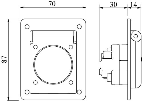Розетка панельная, IP54, с увеличенным фланцем 70x87 DKC
