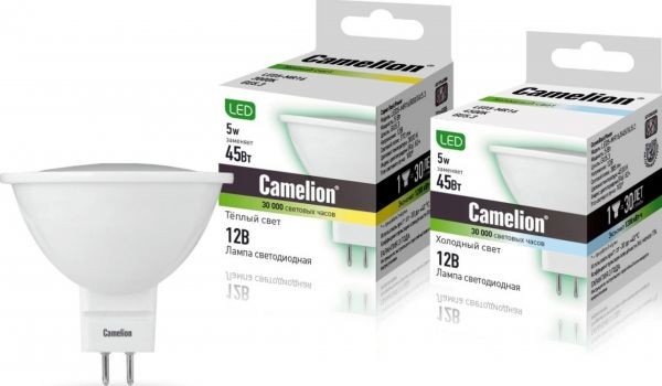 Лампа св/д MR16 5W GU5.3 12В 4500К  Матовый Camelion
