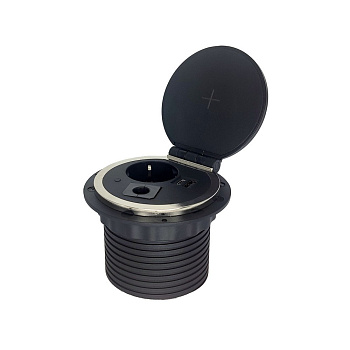 Розетка встраиваемая EU + 2USB Type A+C + беспроводная зарядка + пропуск под кабель, кабель 2м, RocketSocket, посадочный  80мм