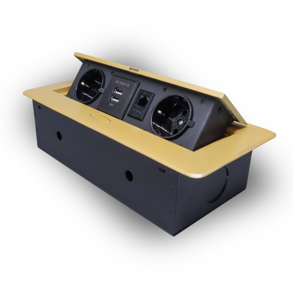 Розетка горизонтальная выдвижная 2 Euro 16А, 2 USB A с блоком 5В/2.1А, RJ45 RocketSocket, проводка, цвет золотой