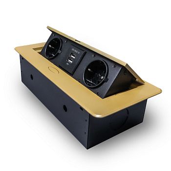 Розетка горизонтальная выдвижная 2 Euro 16А, 2 USB A с блоком 5В/2.1А RocketSocket, проводка, цвет золотой