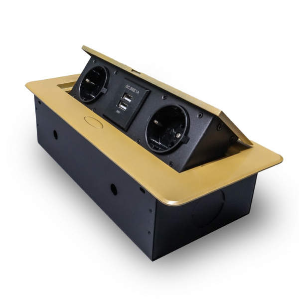Розетка горизонтальная выдвижная 2 Euro 16А, 2 USB A с блоком 5В/2.1А RocketSocket, проводка, цвет золотой