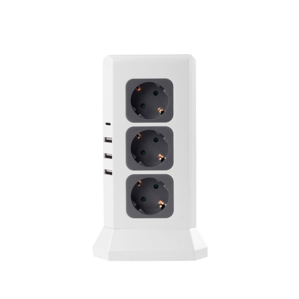 Удлинитель Tower Extended 12 Euro 16А, 4 USB 3A+C с блоком 5В/3.4А, кабель 2,0м RocketSocket, цвет белый-серый