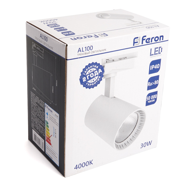 Светодиодный светильник Feron AL100 трековый однофазный на шинопровод 30W 4000K 35 градусов белый