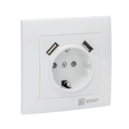 Валенсия Розетка 1-местная с/з 16А белая с защ, штор, с 2 USB 2,1А EKF