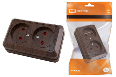 Розетка двойная 2П открытой установки с з/ш IP20 10А, бук "Ладога" TDM Розетка двойная 2П открытой установки с з/ш IP20 10А, бук "Ладога" TDM