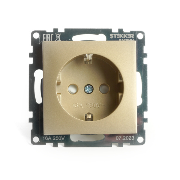 Розетка 1-местная с защитной шторкой с/з (механизм), STEKKER, GLS16-7110-08, 250В, 16А, серия Катрин, золото