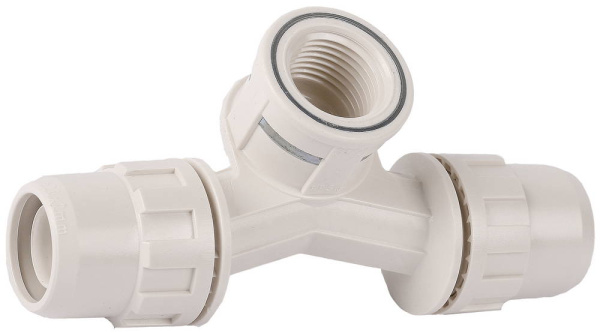 Тройник "ШиреФит" переходной со смещением "штуцер с гайкой - внутренняя резьба - штуцер с гайкой", 16мм-1/2"-16мм ЗУБР