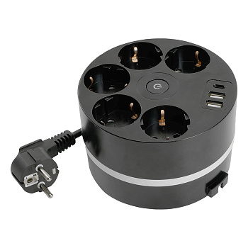 HM10-51-01 Удлинитель 5-местный с/з, 3x1мм², 2.5м, 250В, 16А, 2USB+С 5V 3,1А, серия Comfort, черный STEKKER