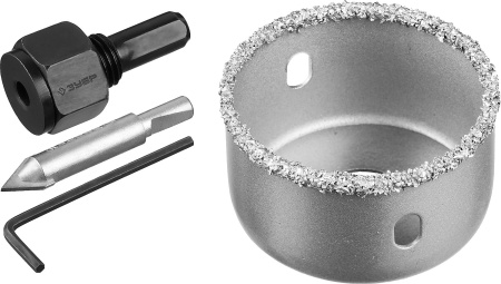 Коронка-чашка "Профессионал" c карбид-вольфрамовым нанесением, 51 мм, высота 25 мм, в сборе с державкой и сверлом ЗУБР