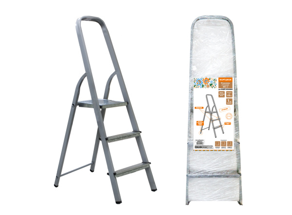 Стремянка стальная ССт-3, 3 ступени с цинковым покрытием, стальной профиль, h=600 мм, Народная TDM