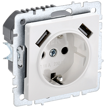 BRITE Механизм розетки СУ 1 м. с зазем. с защитными шторками с USB A+A 5В 2,1А 16А белый IP20 IEK