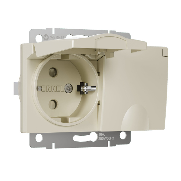 Розетка двойная влагозащ. с зазем. с защит. крышками и шторками (слоновая кость) СУ IP44 Werkel
