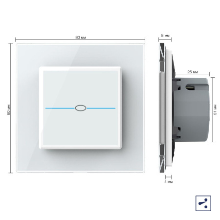 Сенсорный проходной выключатель Quadro 1 клавиша 1 пост Белый Livolo