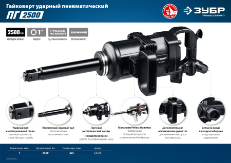 ПГ-2500 ударный пневматический гайковерт, 1", 2500 Нм ЗУБР