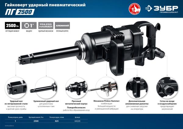 ПГ-2500 ударный пневматический гайковерт, 1", 2500 Нм ЗУБР