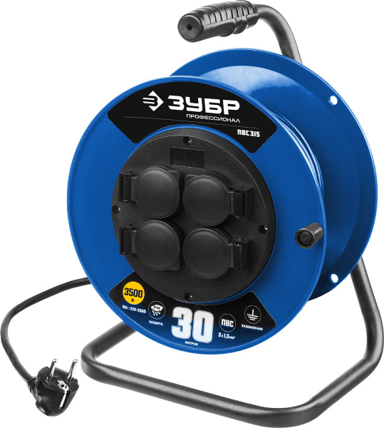 Силовой удлинитель на катушке ПВС 3х1.5 30м 3500Вт IP44, ПВС 315 ЗУБР
