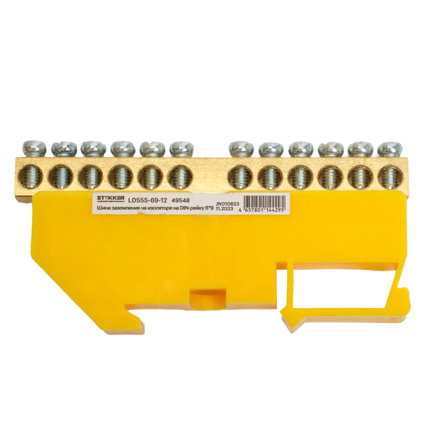Шина "PE" на изоляторе STEKKER 6*9 на DIN-рейку 12 выводов, желтый, LD555-69-12