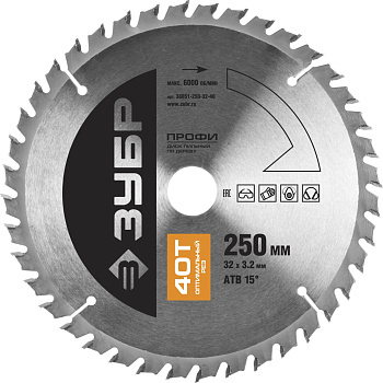 Оптимальный рез 250х32мм 40Т, диск пильный по дереву ЗУБР