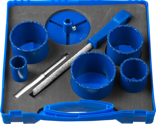 Набор кольцевых коронок "Профессионал" c карбид-вольфрамовым нанесением, 8 предм. в кейсе: коронки d 33, 53, 67, 73, 83 мм, основание, сверло ЗУБР