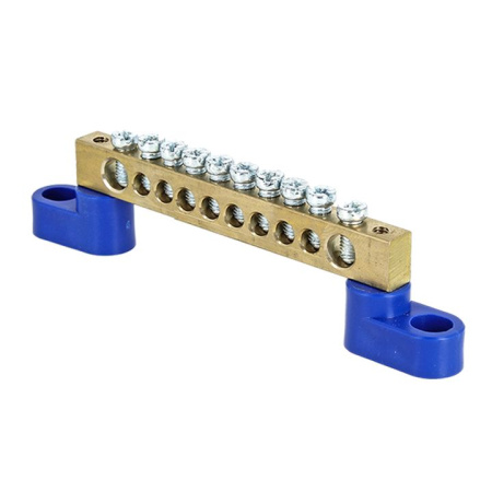 Шина "0" N (8х12мм) 10 отверстий латунь 2 синих угловых изолятора PROxima EKF