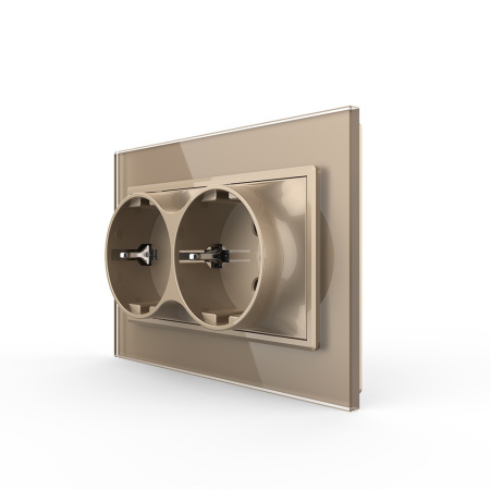 Розетка Livolo электрическая двойная 1 пост с заземлением, рамкой, защитными шторками 16A, цвет золотой VL-C7CTF16A.TF16A-AP