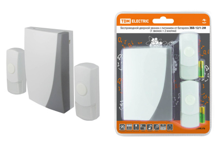 Звонок беспроводной на батарейках ЗББ-12/1-2М (2 мелодии, кнопка IP44, 3х1,5В АА, 2 кнопки) TDM