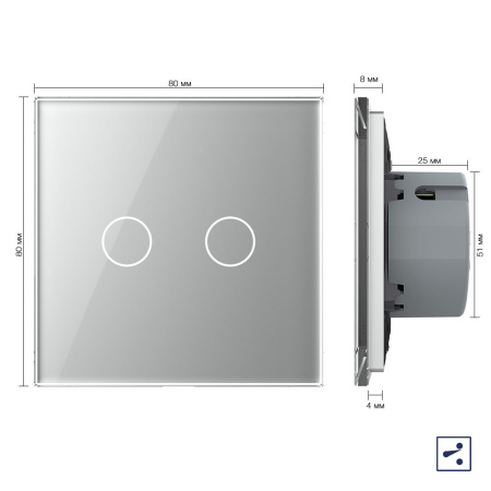 Сенсорный проходной выключатель 2 клавиши 1 пост Серый Livolo