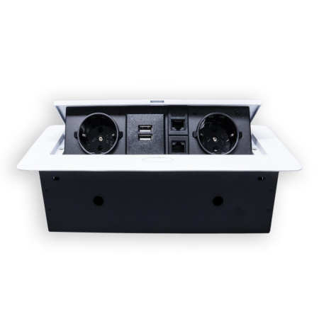 Розетка горизонтальная выдвижная 2 Euro 16А, 2 USB A с блоком 5В/2.1А, 2 RJ45 RocketSocket, проводка, цвет белый