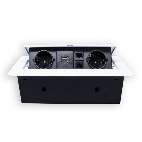 Розетка горизонтальная выдвижная 2 Euro 16А, 2 USB A с блоком 5В/2.1А, 2 RJ45 RocketSocket, проводка, цвет белый