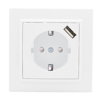 Минск Розетка 1-местная СП с/з 16А белая с защ, штор, с USB 1А EKF