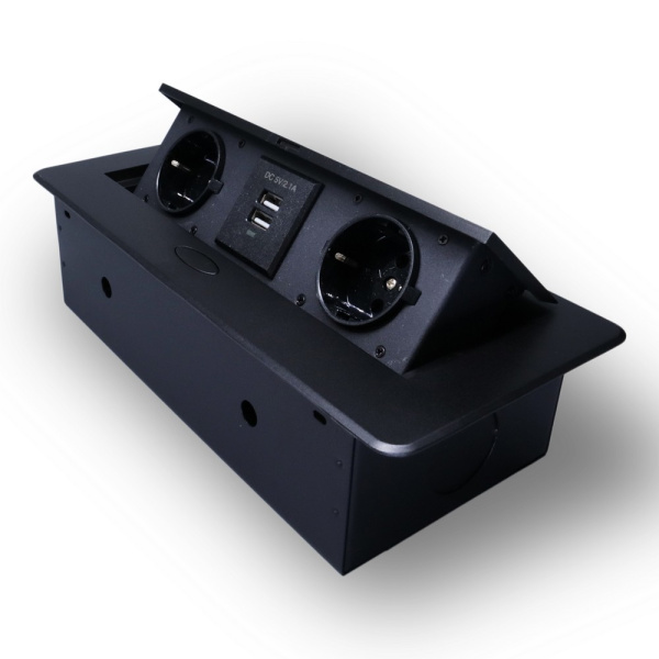 Розетка горизонтальная выдвижная 2 Euro 16A, 2 USB A с блоком 5В/2.1А черный RocketSocket