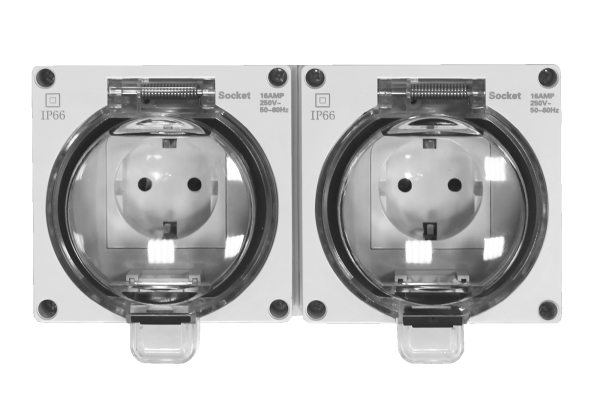 Donel Розетка 2-я с з/к. и шт., открытой установки, серый, IP66, серия (тип) DIP66