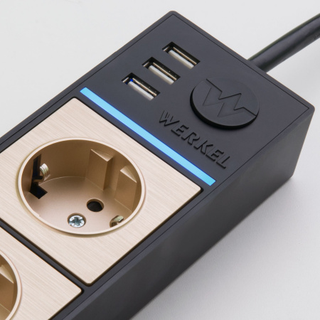 Розеточный блок 4-х местный + 3 USB черный/шампань рифленый Werkel