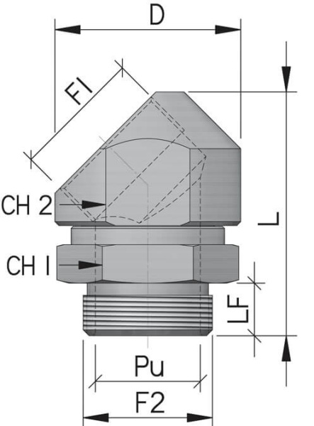 Поворотный адаптер 45° M63x1,5, IP68/IP67, никелированная латунь DKC