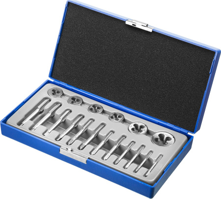 18 предметов, набор метчиков и плашек в пластиковом боксе, сталь 9ХС ЗУБР