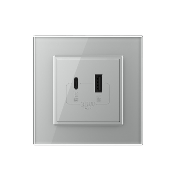 Розетка USB type C+A с блоком питания 36W Livolo 1 пост Серая VL-C7VUA18W.UC18W-2IP Розетка USB type C+A с блоком питания 36W Livolo 1 пост Серая VL-C7VUA18W.UC18W-2IP