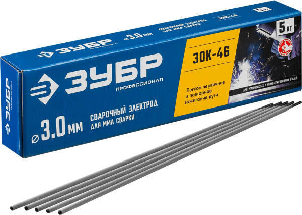 Электрод сварочный ЗОК-46 рутил-целлюлозный, d 3.0 х 350 мм, 5 кг в коробке, Профессионал. ЗУБР