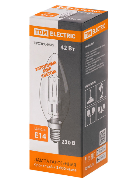 Лампа галогенная "Свеча" прозрачная 42 Вт-230 В-Е14 TDM